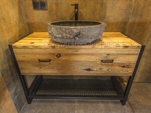 Szafka łazienkowa, stare drewno sosnowe + stalowa rama, duża szuflada