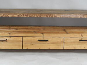 Szafka RTV, stare drewno sosnowe, szuflady, nogi stalowe