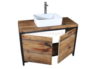 Szafka łazienkowa, stare drewno sosnowe, jasne, drzwiczki, stalowa rama