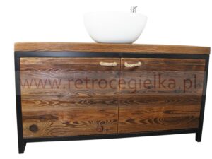 Szafka łazienkowa, stare drewno sosnowe, ciemne, drzwiczki, stalowa rama