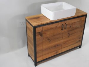 Szafka łazienkowa stojąca, stare drewno, stalowa rama, drzwiczki + blendy