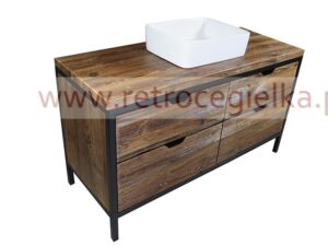Szafka łazienkowa stojąca, stare drewno, stalowa rama, cztery szuflady