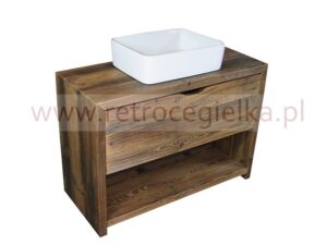 Szafka łazienkowa stojąca, stare drewno, jedna szuflada, przechodzące słoje